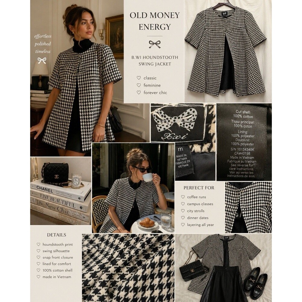 EUC B.wi Houndstooth Swing Jacket Old Money Mod Office Siren Chic Jackie O Style